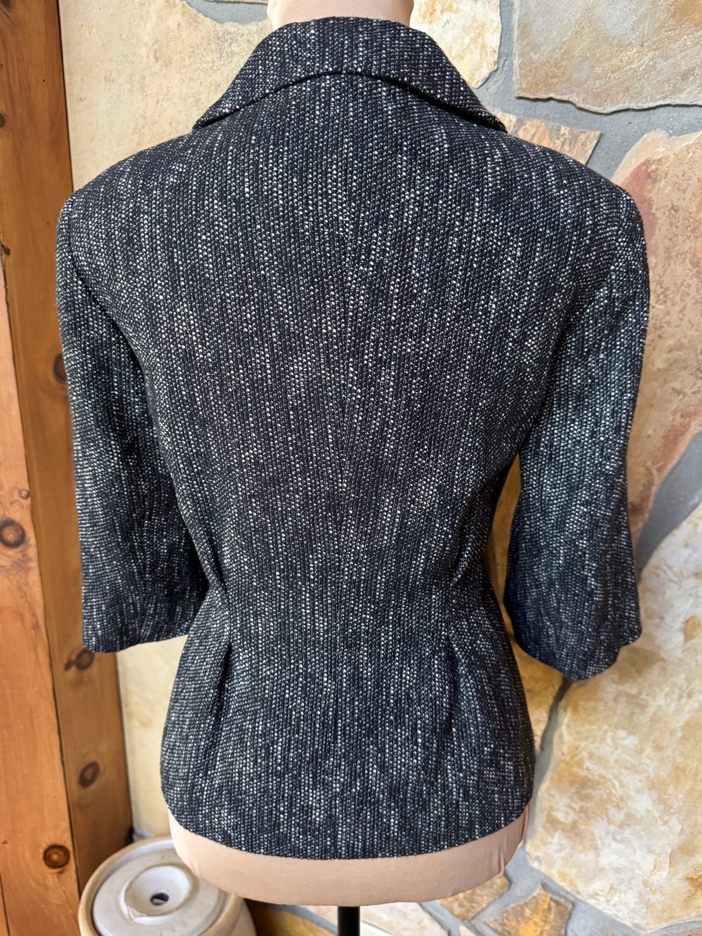 Talbots Black White Tweed Cropped Jacket 3/4 Sleeves Lined Tie Belt (12P) - Picture 5 of 17